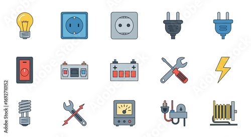 A colorful hand-drawn set of electricity and power icons, including lightbulbs, sockets, plugs, batteries, and tools in a doodle style.