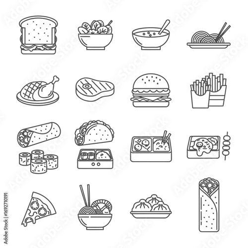 Collection of international food and meal icons in a simple line art style. Includes lunch and dinner dishes from various cuisines