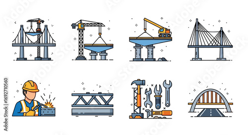 Colorful line art icon set illustrating bridge construction, engineering, tools, and infrastructure development.