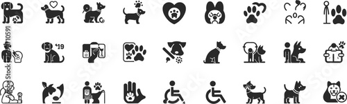 Dog and pet care icons for grooming, vet visits, training, paw prints, dog breeds, pet accessories, and animal care activities