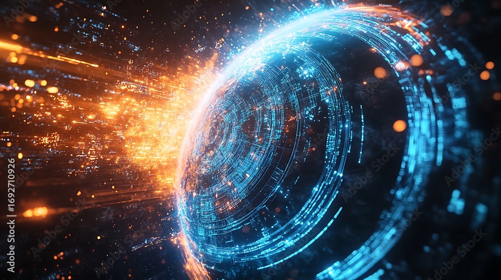 Fototapeta premium Abstract digital globe with glowing blue and orange light effects