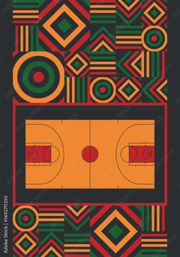 Obraz premium Basketball Court. Basketball design. Street sport art. Game Day. Basketball playoff. Final games. Team championship. Ball for Basketball. Sport creative poster. Modern graphic. Vector wallpaper