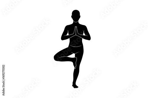Vector illustration of person in tree pose yoga silhouette with hands in prayer position
