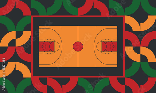 Basketball Court. Basketball design. Street sport art. Game Day. Basketball playoff. Final games. Team championship. Ball for Basketball. Sport creative poster. Modern graphic. Vector wallpaper