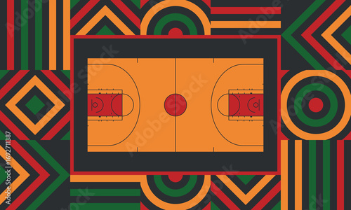 Basketball Court. Basketball design. Street sport art. Game Day. Basketball playoff. Final games. Team championship. Ball for Basketball. Sport creative poster. Modern graphic. Vector wallpaper