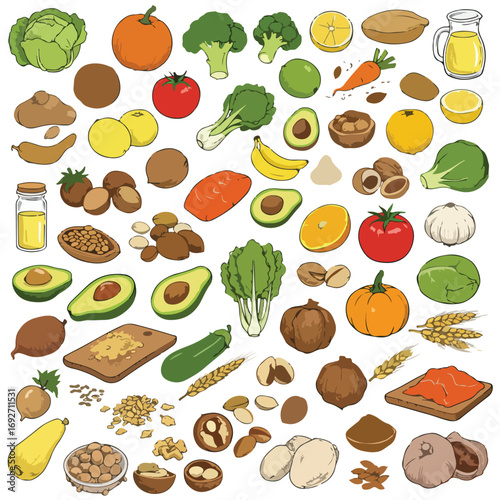 Diverse Hand-Sketched Healthy Food Elements for a Nutritious Lifestyle