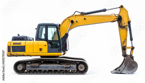 Side view of a yellow excavator machine with its arm extended, isolated on white background.