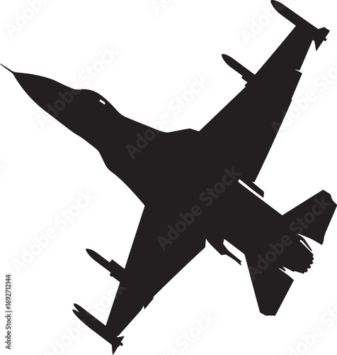 Jet in Barrel Roll A fighter jet performing a barrel roll in mid-air, with wings tilted. Full-length silhouette in black vector art.
