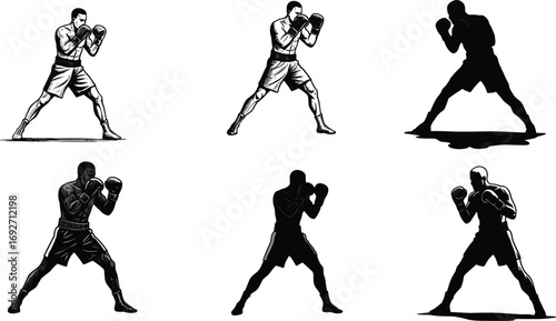 Boxer fighting stance, athlete pose, vintage style boxing illustration, shadow silhouette artwork, martial art training, combat sport vector drawing