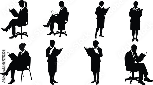 Business people reading books, professional men and women, office environment, knowledge growth, learning, education, study time, business reading, corporate training