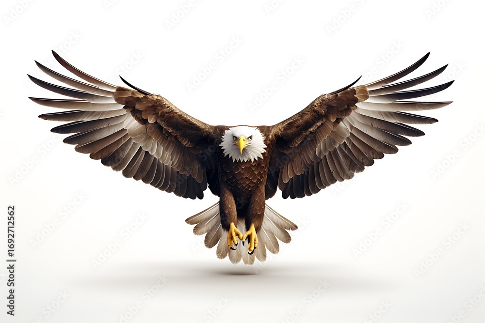 Naklejka premium Majestic eagle soaring with outstretched wings against a clean white background