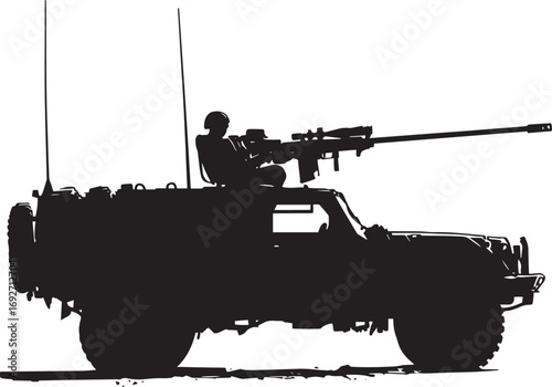 Mounted Machine Gun A vehicle with a machine gun turret aimed. full length silhouette black vector illustration