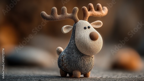 Cute round blue gray reindeer plush with textured antlers and brown nose, macro product shot on warm bokeh background, adorable stuffed animal toy