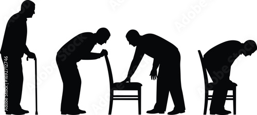 Elderly man with cane and chair silhouette, aging process, senior health, mobility support, sitting and standing, old age care