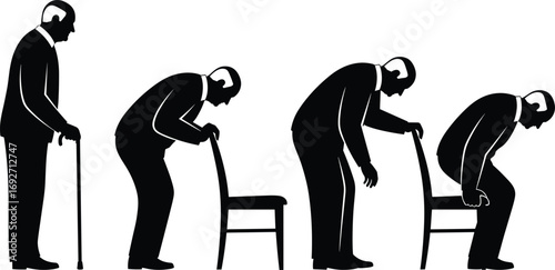 Elderly man silhouette with cane, sitting and standing, aging process, old age care, health issues, senior lifestyle, mobility support