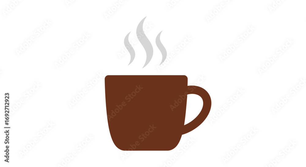 Obraz premium A simple flat illustration of a steaming hot brown coffee mug with a curved handle.