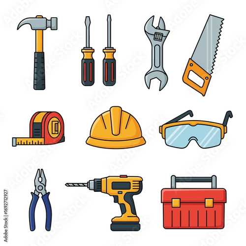 Colorful cartoon collection of construction and repair tools, including a hammer, drill, saw, and safety gear.