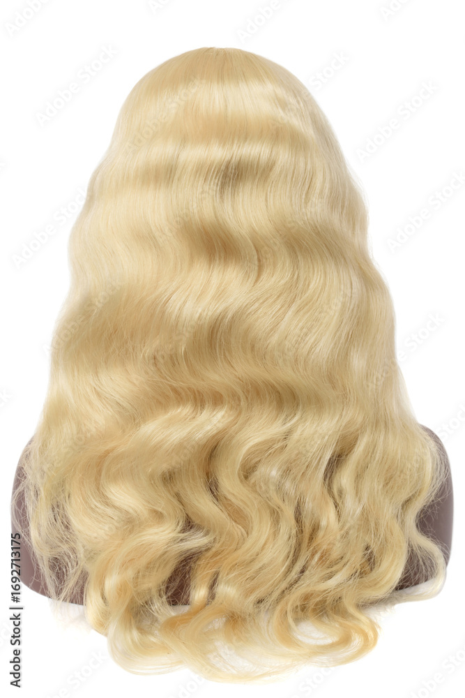 Fototapeta premium Body wavy bleached blonde human hair weaves extensions lace wigs on fake model