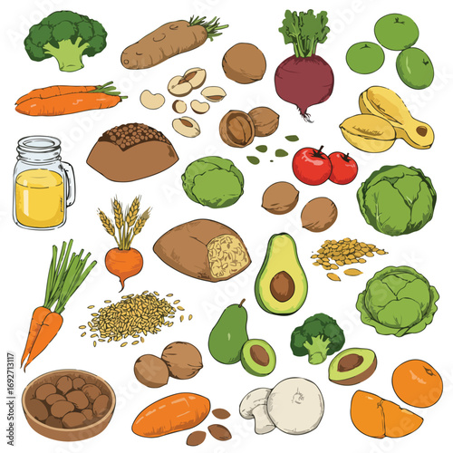 Wholesome Hand-Sketched Grains, Nuts, and Seeds for a Balanced Diet