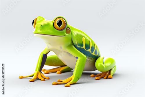 Vibrant green frog perched gracefully, showcasing its vivid colors against a neutral background