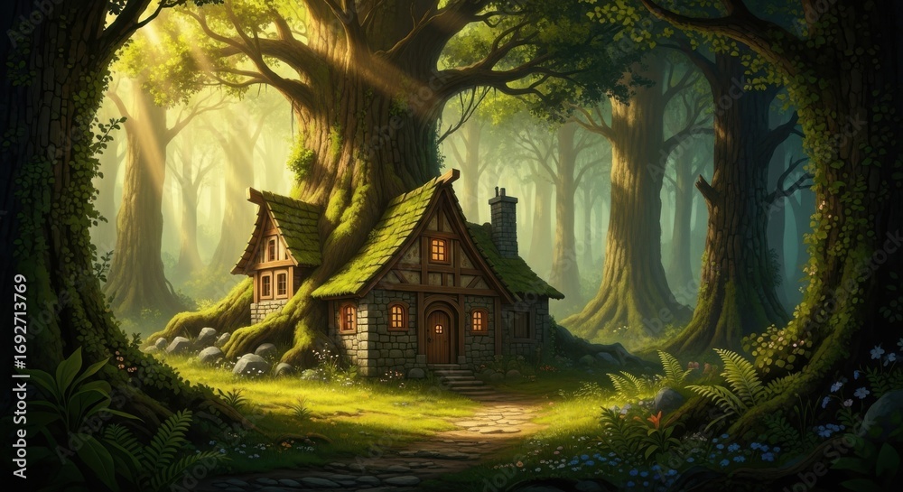 Fototapeta premium Enchanting forest cottage nestled among ancient trees, bathed in golden sunlight, creating a magical and serene atmosphere in the woods