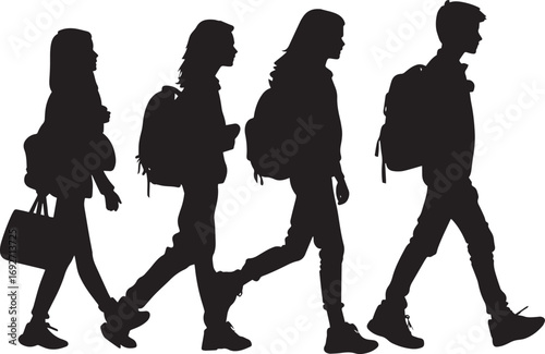 Going on a Field Trip A student walking with a group, schoolbag slung over their shoulder or worn on their back, heading to a bus or event. full length silhouette black vector illustration