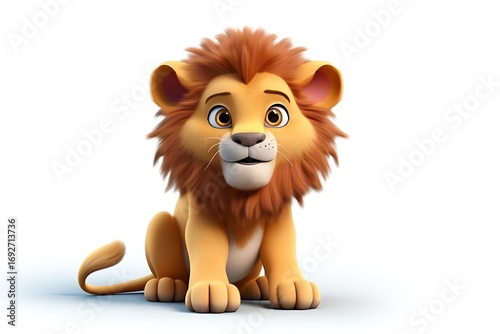 Cute cartoon lion sitting on a white background, showcasing its playful expression and fluffy mane