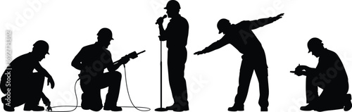 Silhouette of construction workers wearing helmets, using tools, working together, performing tasks, teamwork, labor, safety, industrial, communication, diverse, professional, manual work, skill.