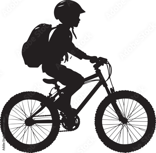 School Commute A full-length black vector of a child biking to school with a backpack.