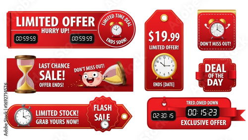 Limited Offer Countdown Vector | Red Clock Sale Banner, Exclusive Deal Label
