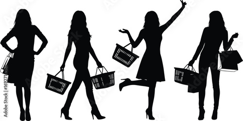 Silhouette of fashionable women shopping with bags and baskets, walking confidently, stylish, consumerism, lifestyle, retail, happiness, fashion, joy, female.