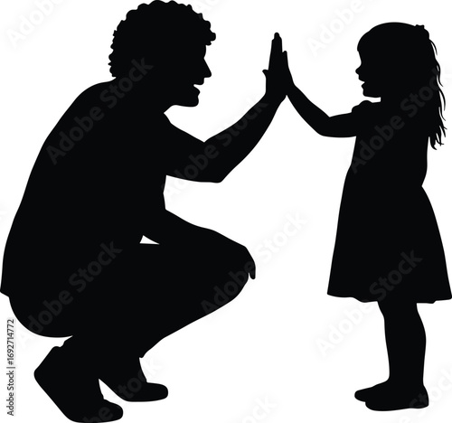 Silhouette of father and daughter giving high five, family love, parenting moment, bonding time, fatherhood, child interaction, happy relationship.