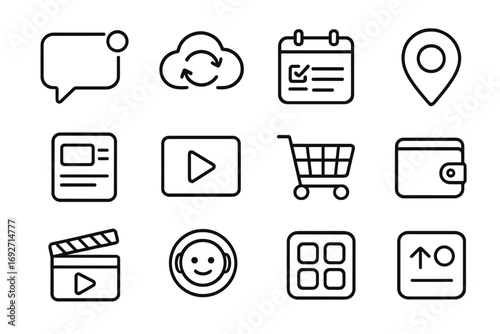 Modern App Icons. Line style icons of modern apps: chat bubble with notifications, cloud sync icon, calendar with tasks,