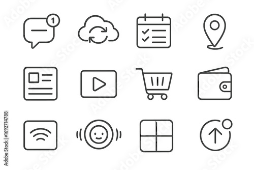 Modern App Icons. Line style icons of modern apps: chat bubble with notifications, cloud sync icon, calendar with tasks,