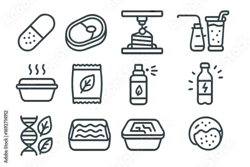Futuristic Food Icons. Line style icons of futuristic food: nutrition capsule, lab-grown steak, 3D printed cake, nano smoothie;