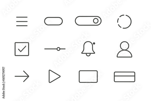 Minimal UI Icons. Line style icons of minimal user interface: simple hamburger menu, single line toggle switch, clean search bar,