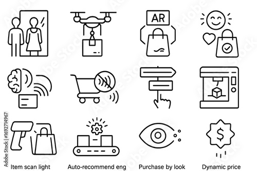 Futuristic Shopping Icons. Line style icons of futuristic shopping: smart mirror fitting, instant product delivery drone, AR