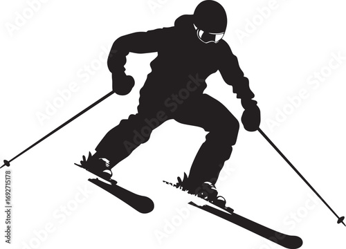 Skiing A person skiing downhill, with poles in hand and legs bent in an athletic stance. full length silhouette black vector illustration