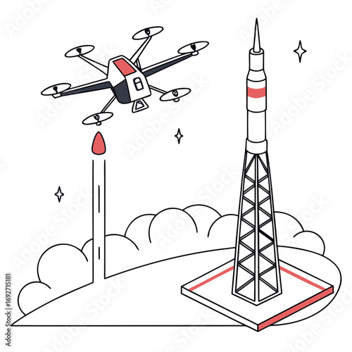Drone flying near a rocket launch tower