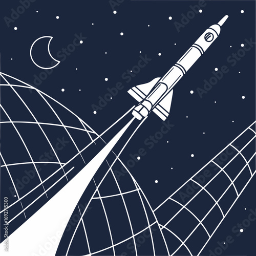 Rocket launch into space with moon and stars