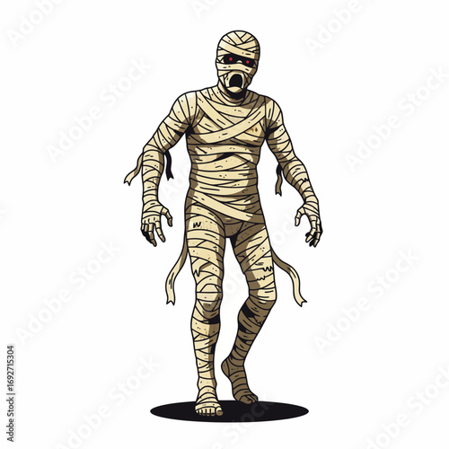 A menacing mummy, resurrected and striding forward, its bandages tattered, eyes glowing red.