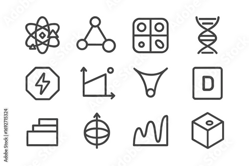 Science Line Icons. Line style icons of geometric icons for science: atom with shapes, molecule triangle, cell grid, DNA wave form