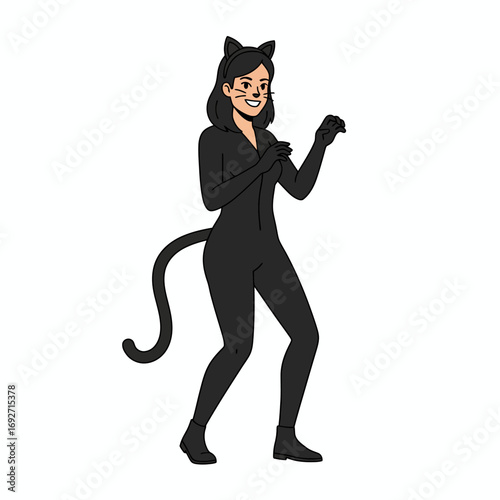 Woman in a black cat costume with ears and tail, smiling and posing with her hands up.