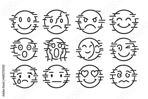 Glitch Emotions Icons. Line style icons of glitch emotions: glitch smiley, broken sad face, corrupted angry face, flickering joy;