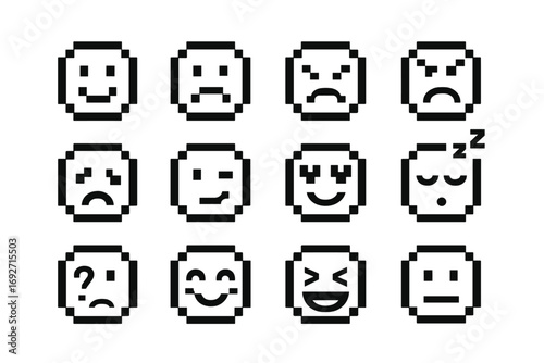 Pixel Emotions Icons. Line style icons of pixel emotions: pixel smiley, pixel sad face, pixel angry face, pixel surprised face;