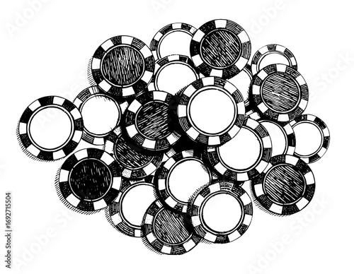 Woodcut style sketch of poker chips in black and white