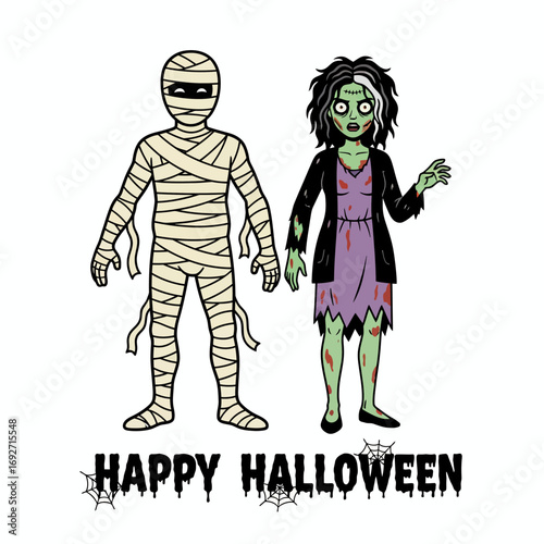 Cartoon illustration of a mummy and a zombie standing together, celebrating Halloween.