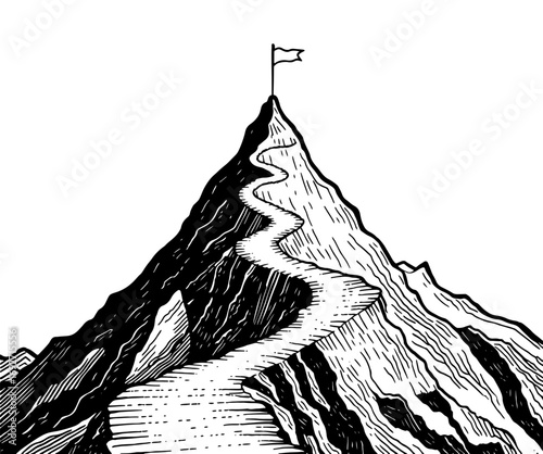 Mountain peak with a winding path and flag in a woodcut style
