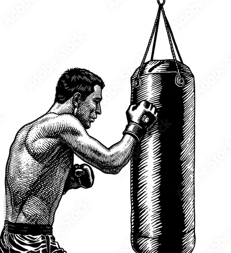 Muscular male boxer training with a punching bag in woodcut style
