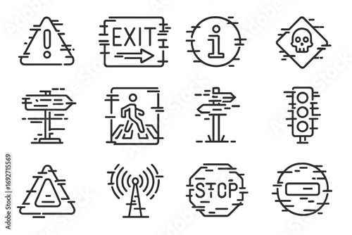Glitchy Sign Icon Set. Line style icons of glitch signs: corrupted caution, broken exit, distorted info, duplicated danger;